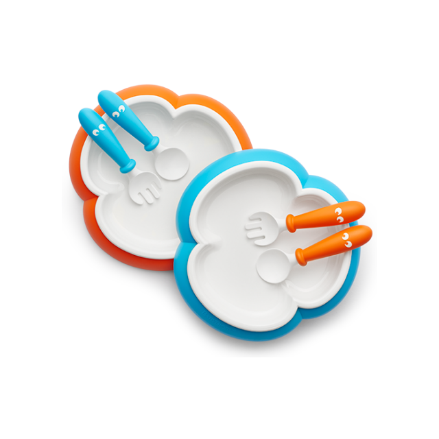 Детский набор из двух тарелок с ложкой и вилкой Baby Plate, Spoon and Fork Orange/Turquoise